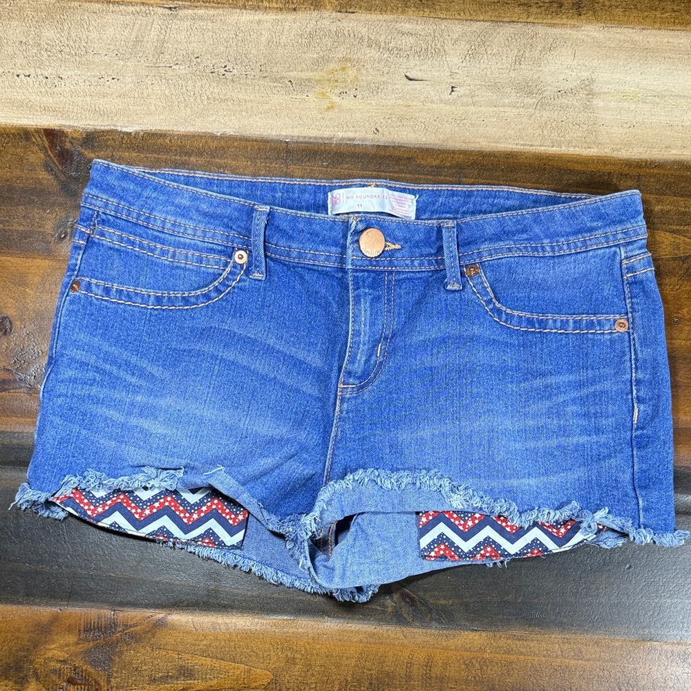 Denim Cutoff Shorts with Chevron Trim - Blue